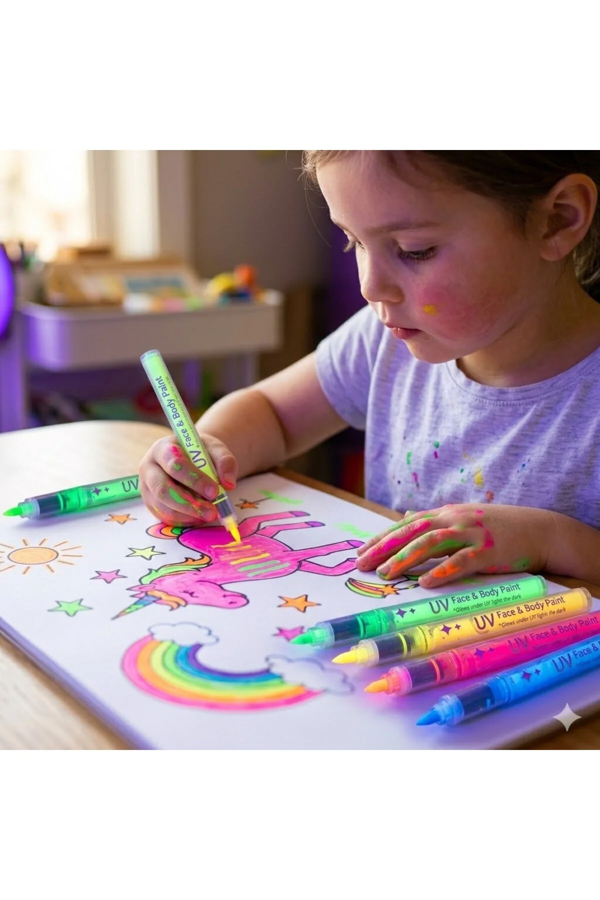 UV Işıkta Parlayan Neon Yüz ve Vücut Boya Kalemi Seti - 8 Renk Fosforlu DIY Parti Kalemi